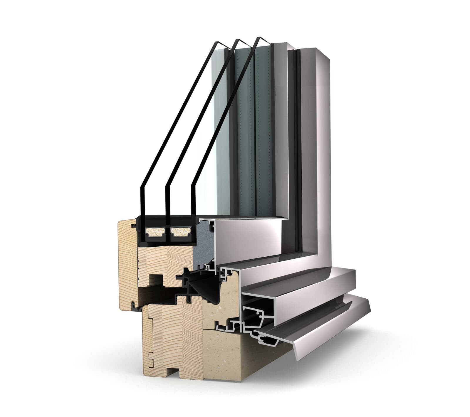 Coupe d’une fenêtre bois/aluminium Internorm HF 410, version suisse